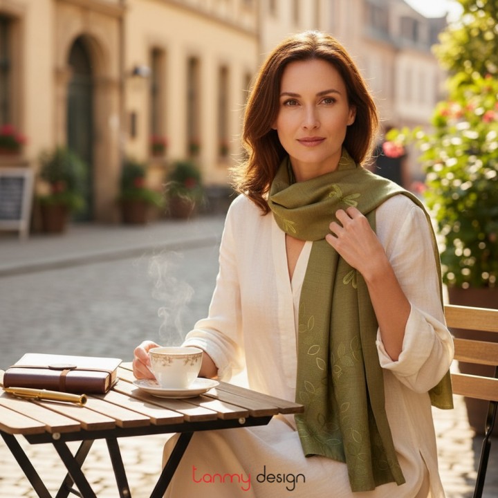 Silk scarf hand-embroidered with flower and leaf 40*200 cm-Model 5